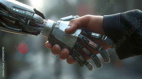 A robotic hand and a human hand shaking hands in a gesture of partnership, symbolizing collaboration in business, representing a fusion of technology and humanity