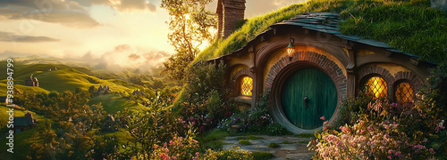 Beautiful scenery of the Hobbit House. Hobbit village, houses with round doors and windows.