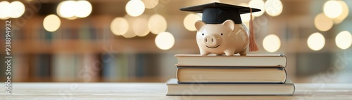 A piggy bank wearing a graduation cap on stacked books symbolizes financial education and saving for future studies. photo