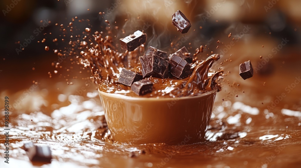Fototapeta premium Hot melted chocolate splashing in a brown ceramic cup with chocolate chunks