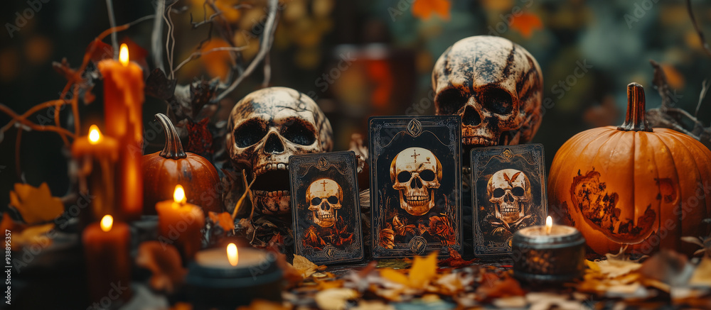 Fototapeta premium A spooky Halloween scene featuring skull-themed tarot cards. Autumn-Halloween Concept. 