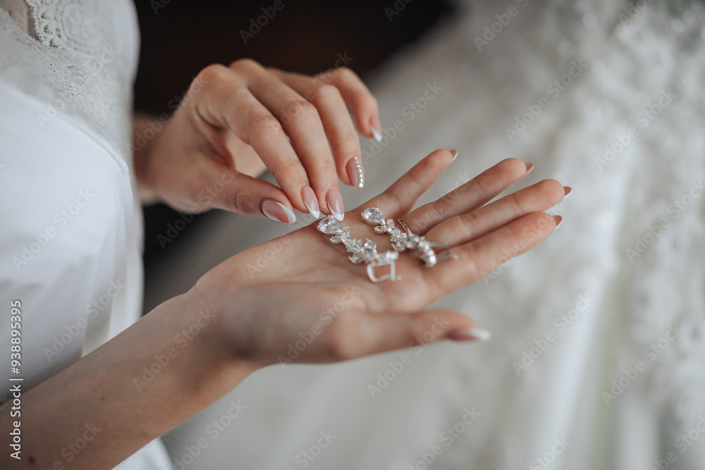 A woman is holding a pair of earrings in her hand. The earrings are made of silver and have a flower design. The woman is wearing a white dress and she is getting ready for a special occasion A woman is holding a pair of earrings in her hand. The earrings are made of silver and have a flower design. The woman is wearing a white dress and she is getting ready for a special occasion