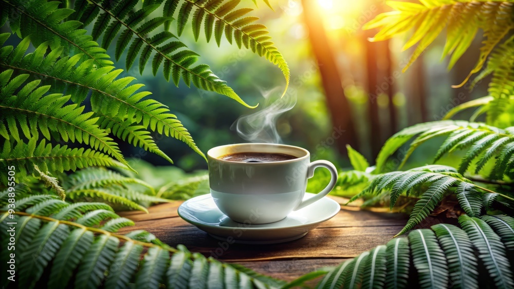 Delicate green fern fronds unfurl around a steaming cup of rich aromatic coffee, evoking a serene and peaceful morning atmosphere amidst lush tropical surroundings. Delicate green fern fronds unfurl around a steaming cup of rich aromatic coffee, evoking a serene and peaceful morning atmosphere amidst lush tropical surroundings.