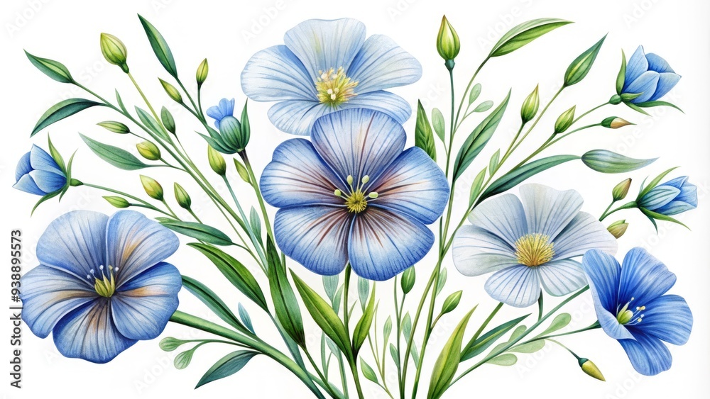 Obraz premium Delicate, hand-drawn flax flowers and leaves intertwine in a whimsical illustration, bursting with soft colors and organic textures, evoking a sense of natural elegance.