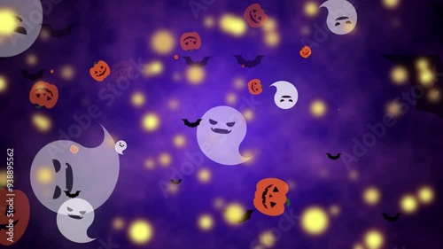 ジャックオランタン、オバケ、コウモリが回転するハロウィンのループする背景素材、紫
