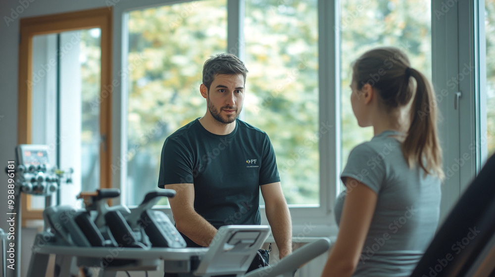Personal training session in a bright gym with a male trainer assisting a female client on fitness equipment Personal training session in a bright gym with a male trainer assisting a female client on fitness equipment