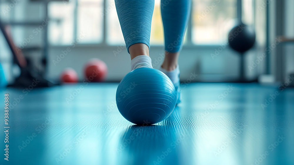 Naklejka premium A person practices balance and fitness by rolling a stability ball at a gym with various exercise equipment in the background during daytime