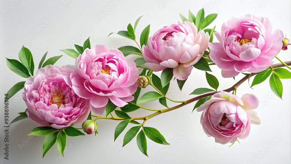 Delicate pink peonies and lush greenery adorn a curved branch, symbolizing elegance and renewal against a soft, creamy white background. Delicate pink peonies and lush greenery adorn a curved branch, symbolizing elegance and renewal against a soft, creamy white background.