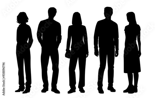 Vector silhouettes of  men and a women, a group of standing   business people, profile, black color isolated on white background