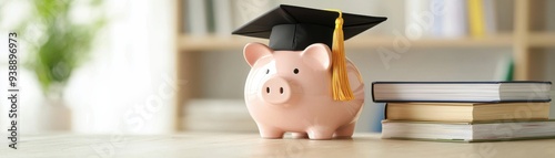 A piggy bank wearing a graduation cap symbolizes savings and education. Ideal for financial planning or student themes. photo