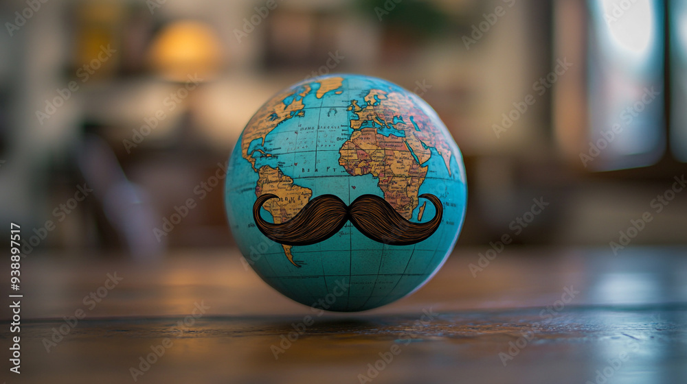 A whimsical globe with a drawn mustache sits on a wooden table in a cozy room, showcasing a playful take on world representation