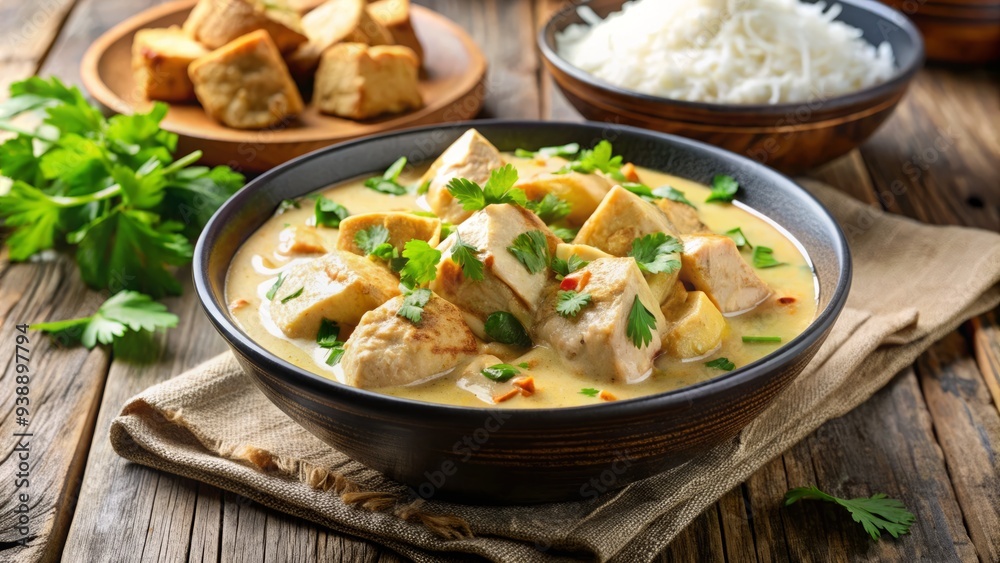 Delicious and creamy white curry with chunks of tender chicken and flakes of toasted coconut in a steaming hot bowl, garnished with fresh cilantro. Delicious and creamy white curry with chunks of tender chicken and flakes of toasted coconut in a steaming hot bowl, garnished with fresh cilantro.