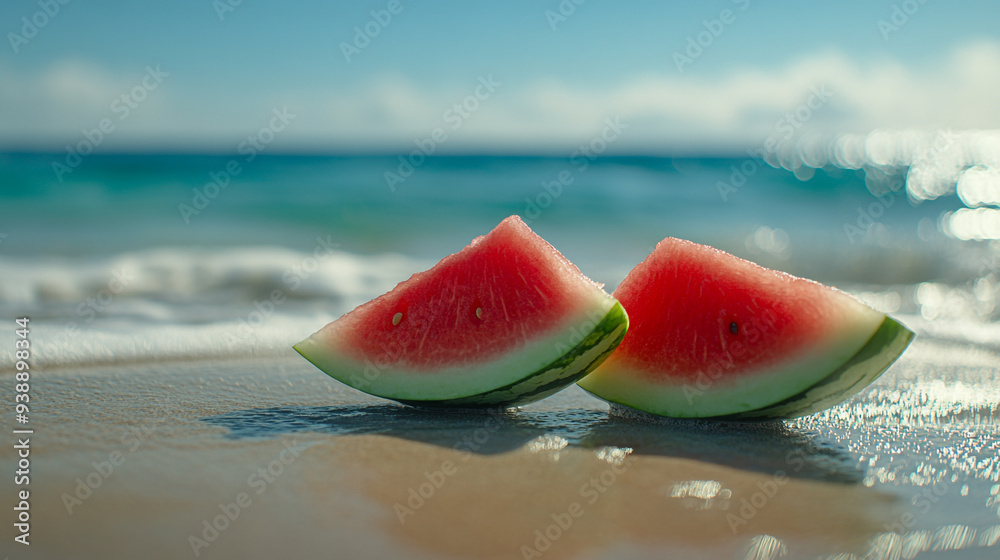 Slices of juicy watermelon resting on a sandy beach near the ocean waves under a bright sunny sky Slices of juicy watermelon resting on a sandy beach near the ocean waves under a bright sunny sky