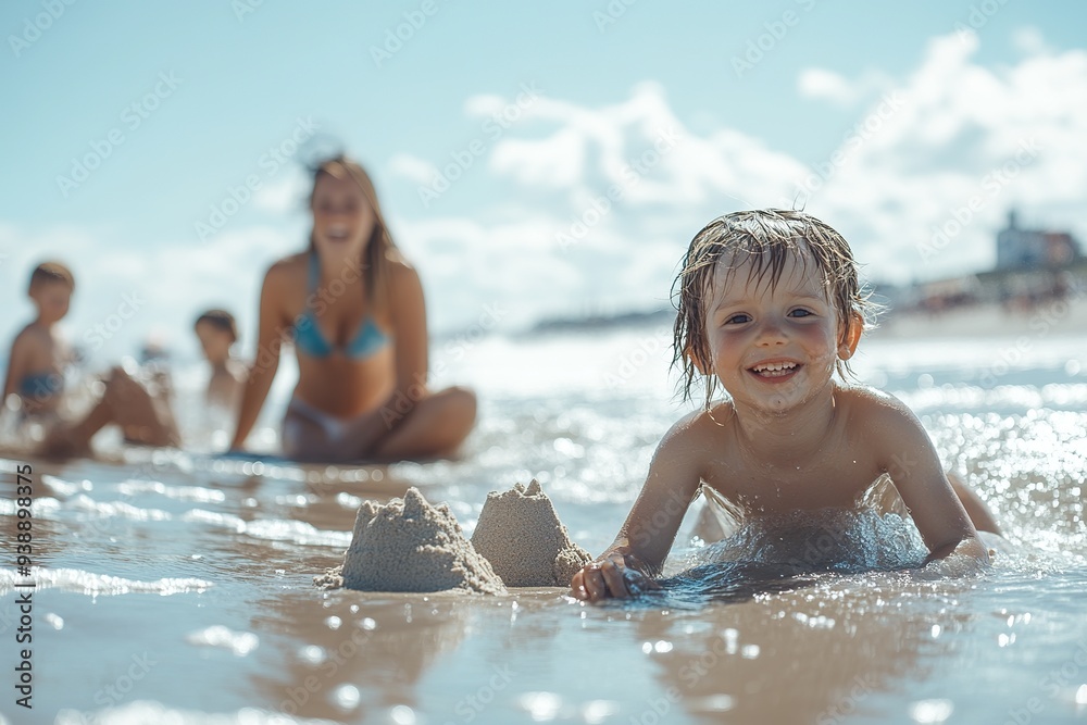 Capture a family enjoying a beach day, building sandcastles and playing in the waves
