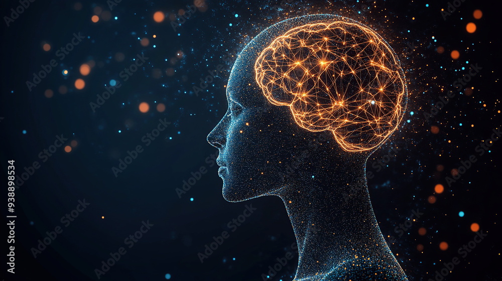 3D rendering of a human head with a glowing brain and a digital network on a dark blue background 3D rendering of a human head with a glowing brain and a digital network on a dark blue background