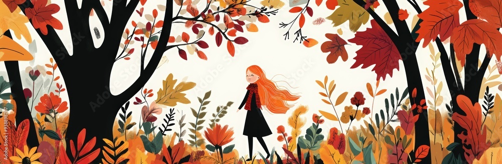 Autumn illustration of a happy girl with long ginger hair in a scarf, surrounded by flowers and falling leaves, people walking through a park. trees covered in reds, oranges, yellows, and greens Autumn illustration of a happy girl with long ginger hair in a scarf, surrounded by flowers and falling leaves, people walking through a park. trees covered in reds, oranges, yellows, and greens
