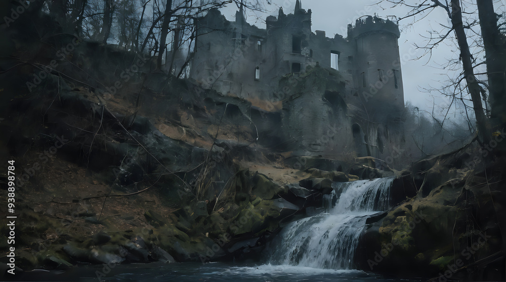 a waterfall in the middle of a forest with a castle in the background a waterfall in the middle of a forest with a castle in the background