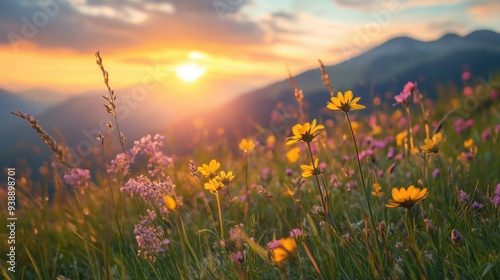 Beautiful field with colorful wild flowers foggy landscape at sunrise or dawn with setting or rising sun in the mountains