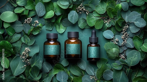 Natural organic spa cosmetic products with eucalyptus leaves on a green background. Top view of amber glass dispenser spray bottles and a jar of moisturizer cream. photo