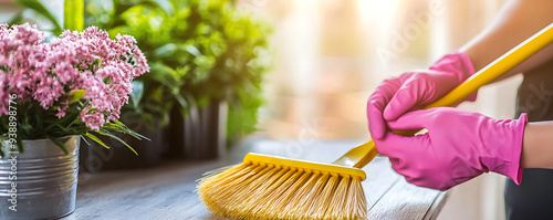 A close-up shot of a woman’s hands wearing pink gloves while cleaning a kitchen countertop with a yellow brush. photo