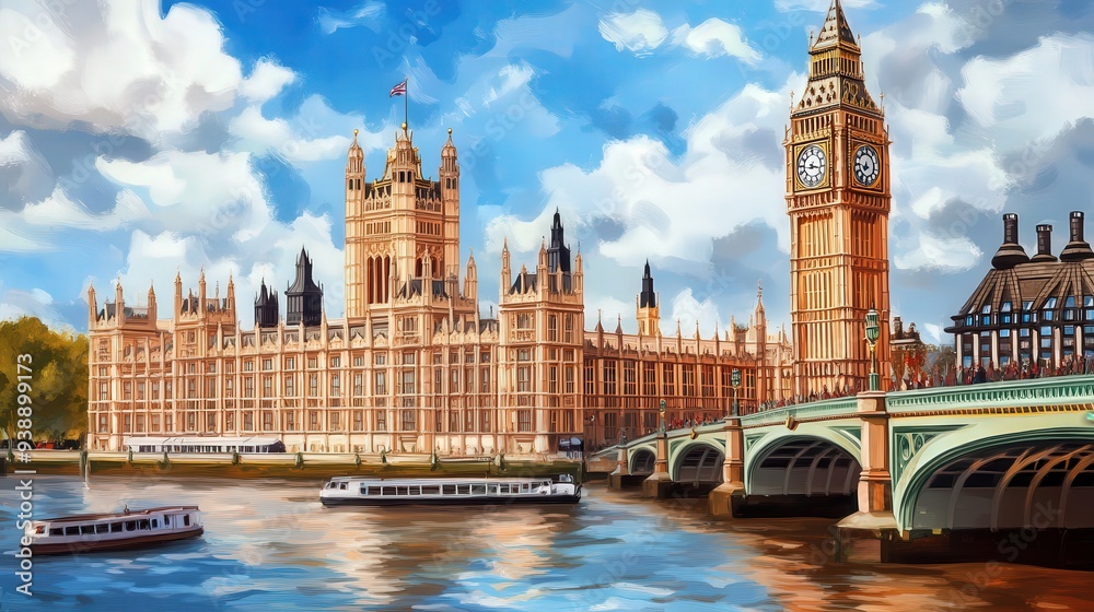 Fototapeta premium A painting of the Big Ben clock tower and the River Thames