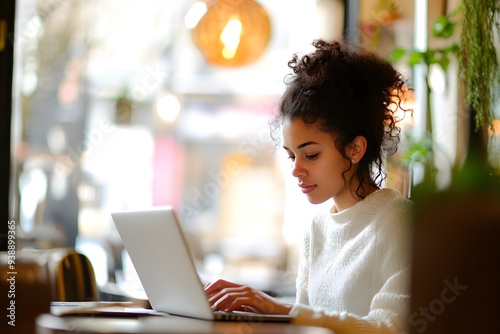 Young Woman in Sweater Working on Laptop at a Café photo