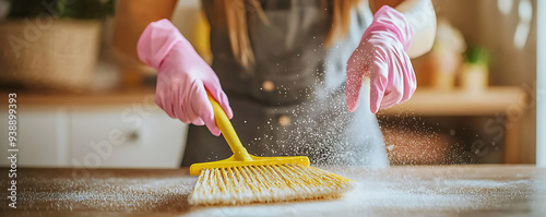 A close-up shot of a woman’s hands wearing pink gloves while cleaning a kitchen countertop with a yellow brush. photo