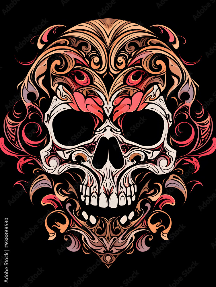 Tribal Skull and Filigree Design Tattoo symmetry layout illustration