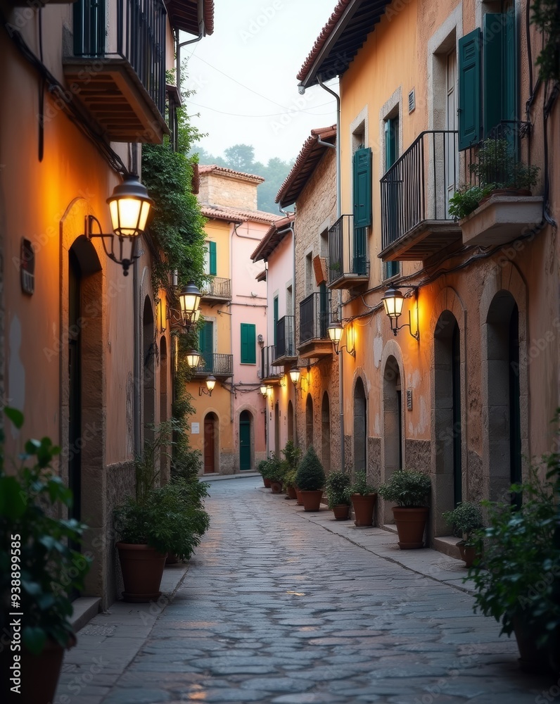 A tranquil evening in a picturesque village, with warm street lamps casting a soft glow on narrow cobblestone streets lined with colorful houses.