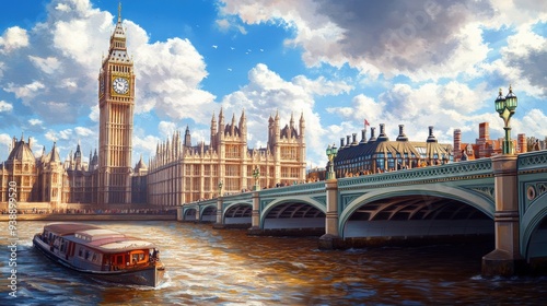 A painting of London with the Big Ben clock tower in the background