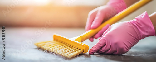 A close-up shot of a woman’s hands wearing pink gloves while cleaning a kitchen countertop with a yellow brush. photo