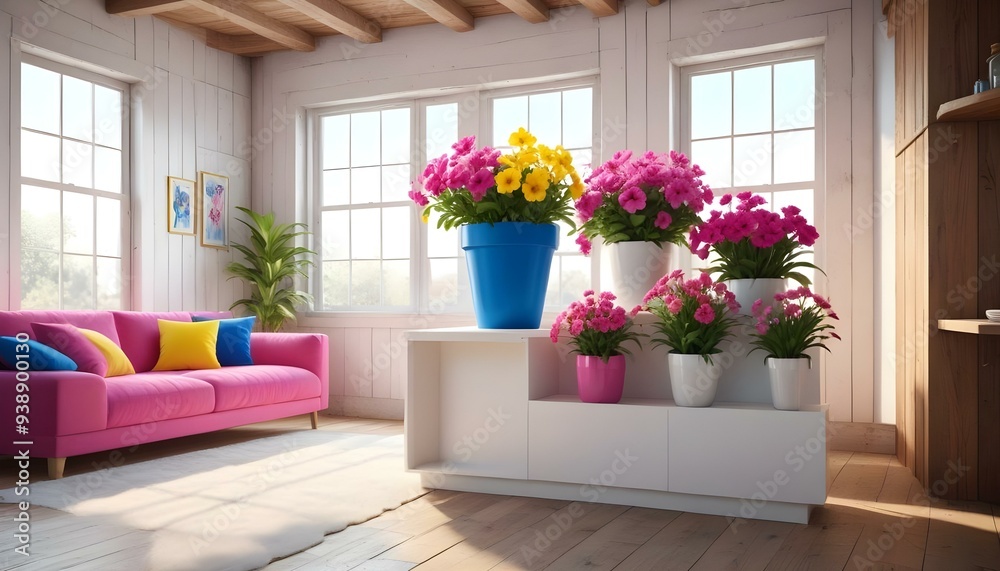 a room with a wall covered in pink flowers and a white couch. a room with a wall covered in pink flowers and a white couch.