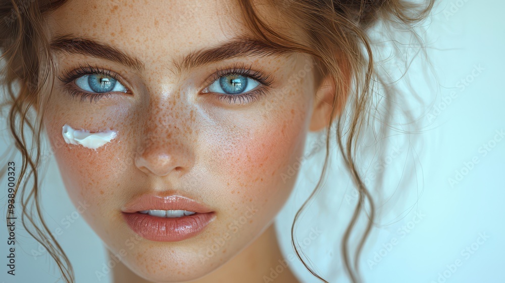 Portrait of a beautiful young woman with beautiful eyes
and cream on her cheek Portrait of a beautiful young woman with beautiful eyes
and cream on her cheek