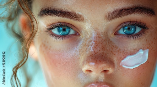 Portrait of a beautiful young woman with beautiful eyes 
 and cream on her cheek