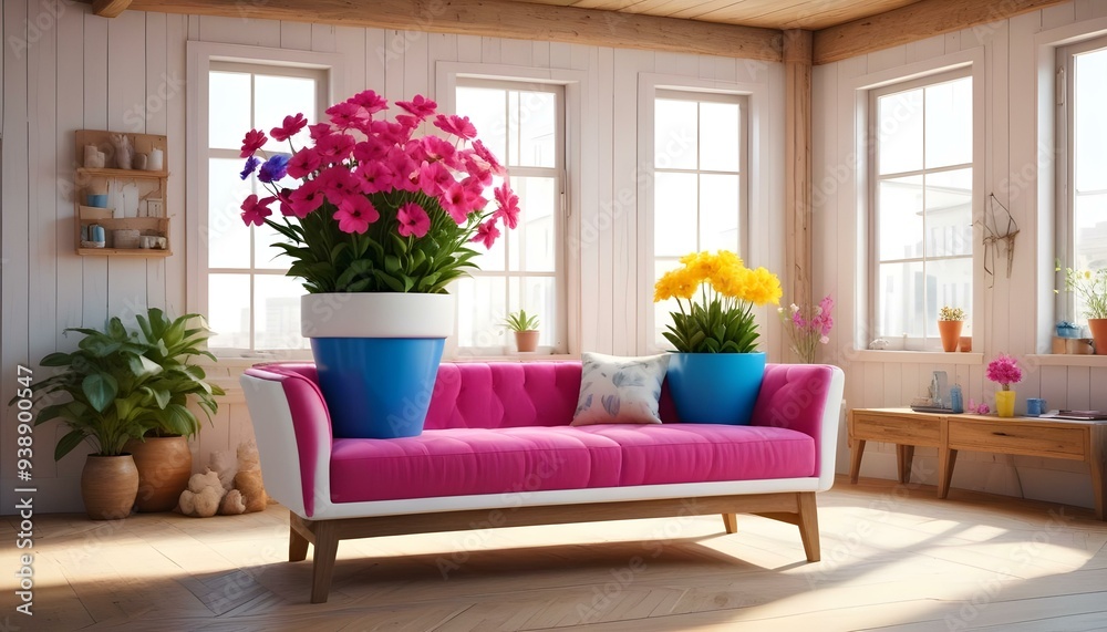 a room with a wall covered in pink flowers and a white couch. a room with a wall covered in pink flowers and a white couch.