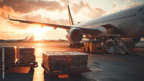 Airplane execute push back operation at airport. Aircraft service for flights before departure in the evening at sunset.