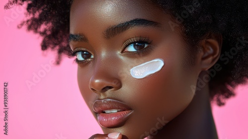 Portrait of a beautiful young woman with cream on her cheek