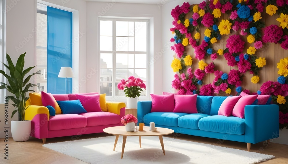 a room with a wall covered in pink flowers and a white couch. a room with a wall covered in pink flowers and a white couch.