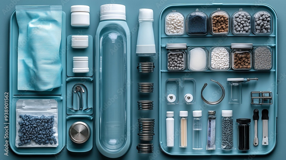 Pet care concept with various accessories and veterinary supplies on a blue background. Pet care concept with various accessories and veterinary supplies on a blue background.
