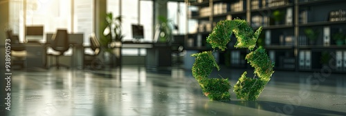 A green recyclable logo with textured plant-like design standing prominently on the floor of a modern office, illuminated by natural light, promoting environmental awareness. photo