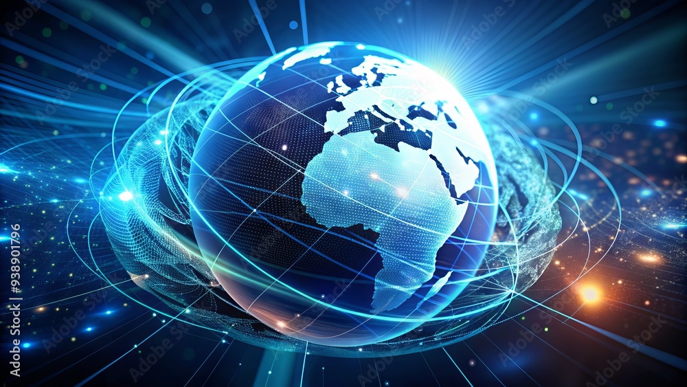 Dynamic 3D illustration of a rotating vector globe with glowing blue axis, symbolizing digital connectivity, technology, and global communication. Dynamic 3D illustration of a rotating vector globe with glowing blue axis, symbolizing digital connectivity, technology, and global communication.