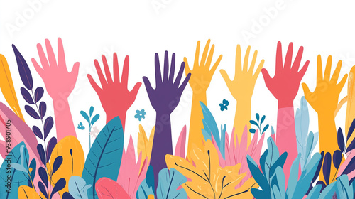 Colorful hands raised among vibrant foliage symbolize community engagement and support during a lively gathering in nature