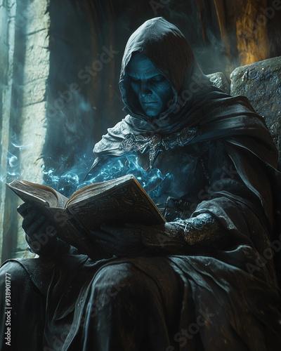 hooded drow warlock deciphering dark secrets from an ancient grimoire in a smoke-filled crypt illuminated by blue light