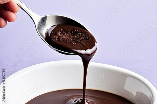 Melted dark chocolate being poured from a silver spoon into a white bowl.