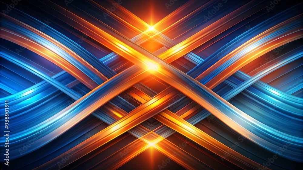 Obraz premium Dynamic abstract composition featuring vibrant, luminous stripes in shades of blue and orange, intersecting and moving in harmonious, rhythmic patterns across a dark background.