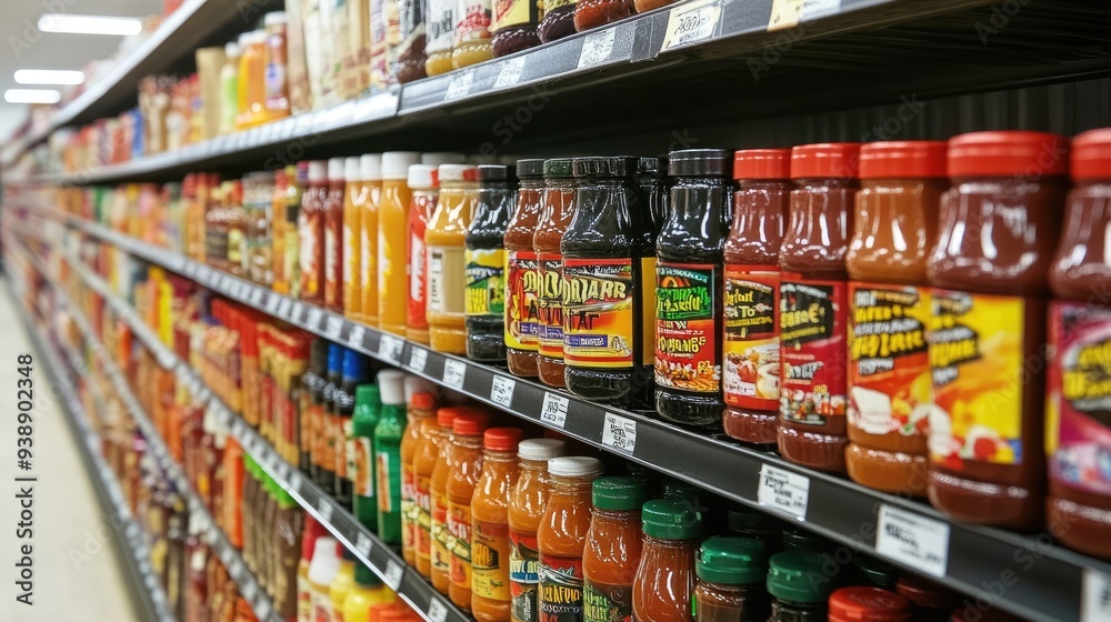 Grocery Aisle with a Vibrant Selection of Condiments and Sauces on Display