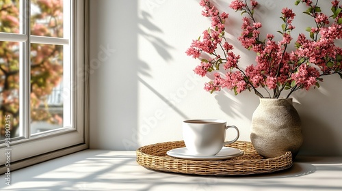 Wallpaper Mural photo frame mockup with a coffee cup and a pink flower bouquet in a wicker tray on a kitchen table Torontodigital.ca