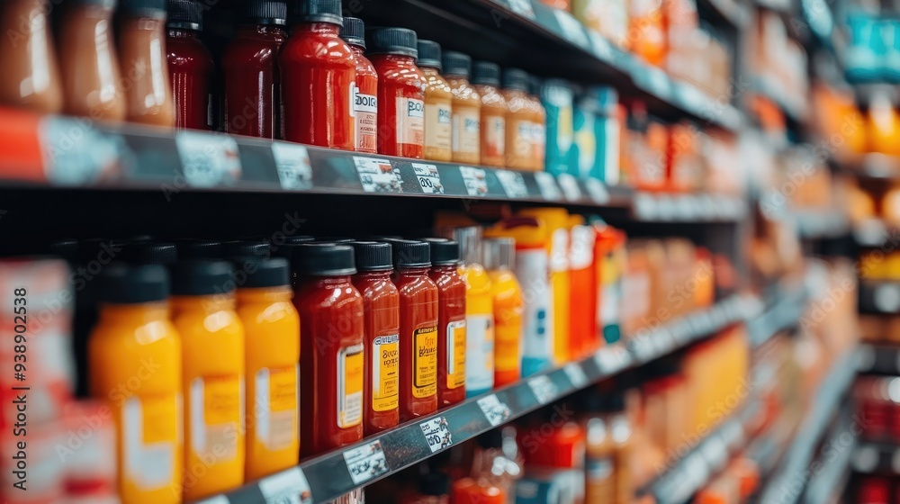 Grocery Aisle with a Vibrant Selection of Condiments and Sauces on Display Grocery Aisle with a Vibrant Selection of Condiments and Sauces on Display