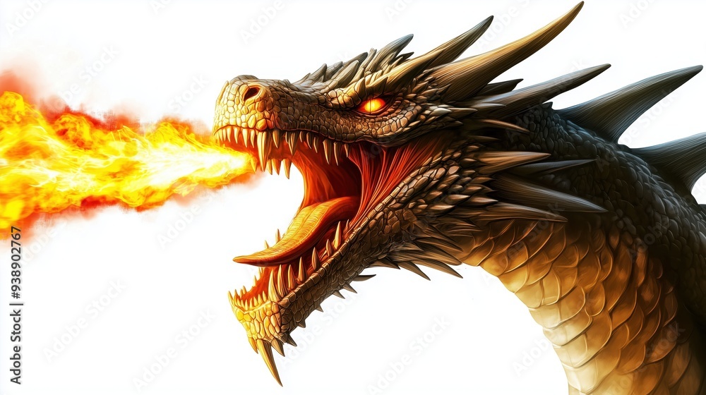 Detailed Fantasy Illustration of a Dragon Breathing Fire with Cinematic Lighting and High Resolution on a White Background, Featuring Clean Lines and High Detail in Vector Clipart Style Detailed Fantasy Illustration of a Dragon Breathing Fire with Cinematic Lighting and High Resolution on a White Background, Featuring Clean Lines and High Detail in Vector Clipart Style