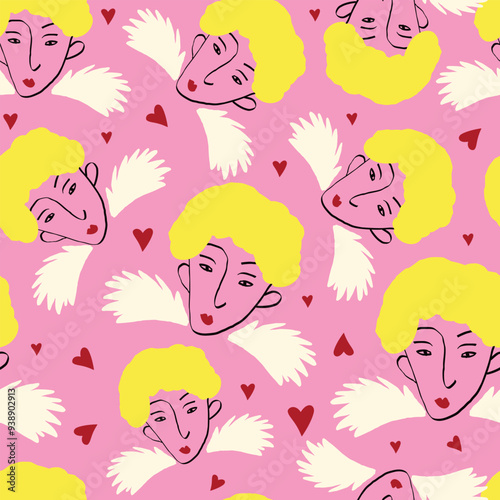 fancy angels and heart Valentines Day pattern. Modern Illustration in a cartoon style